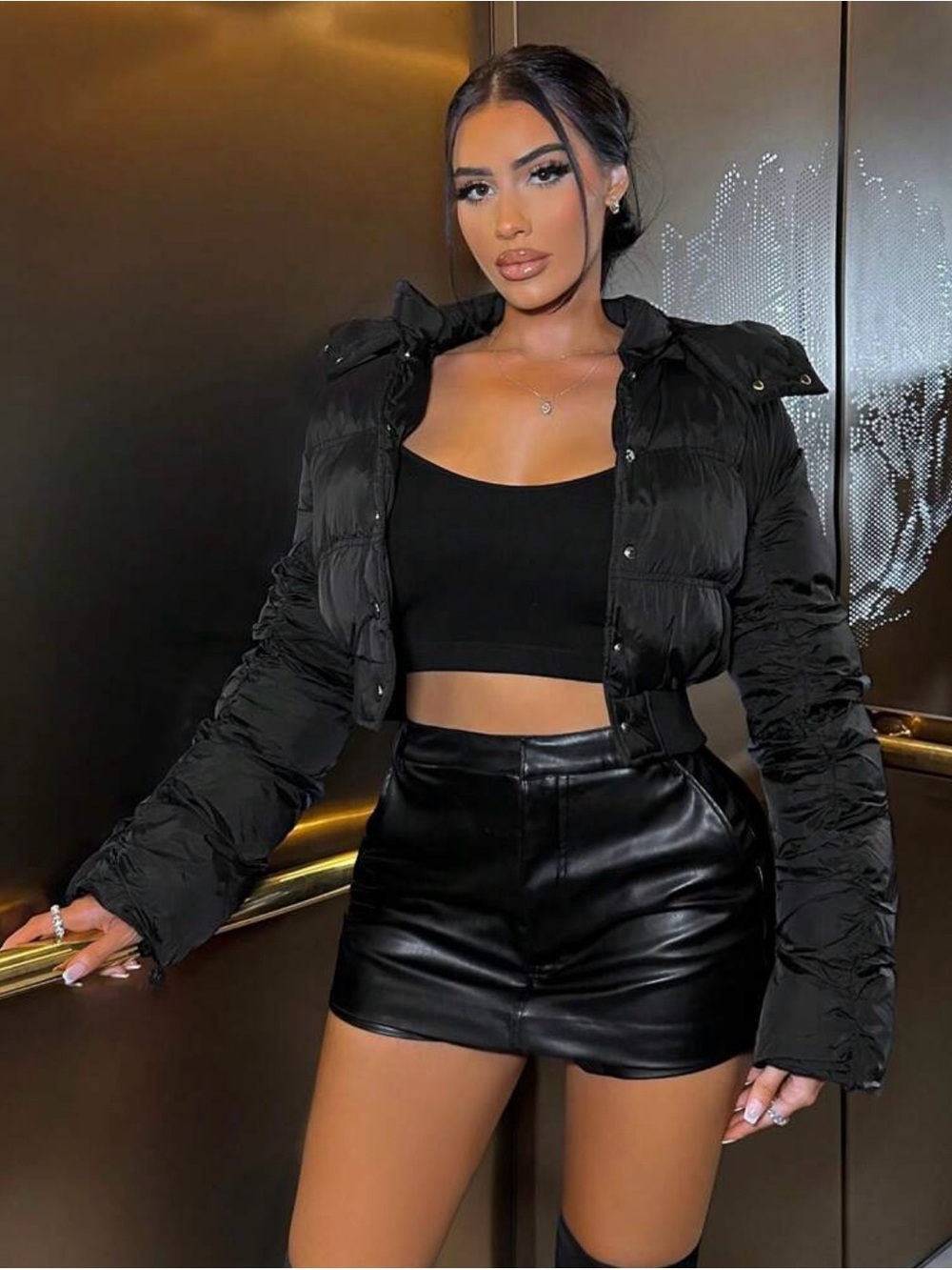 SHEIN SXY Ruched Sleeve Crop Padded Coat - Black, Size XS